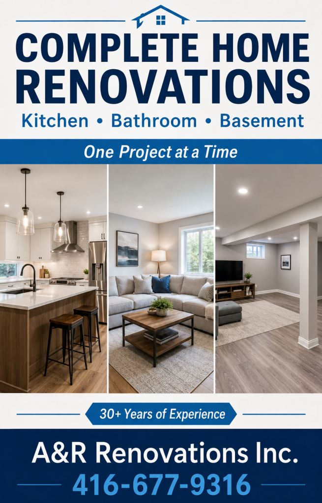 Complete home renovations showing a kitchen, living room and finished basement