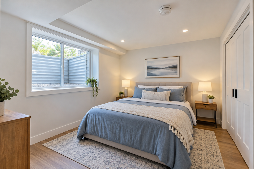 Finished Vaughan basement bedroom with a large window