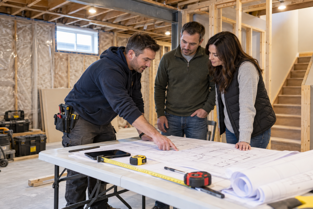 Contractor reviewing basement renovation plans with homeowners